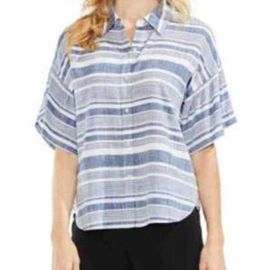 Vince Camuto Gray Striped Bell Sleeve Button Down Blouse Top Women Size Large